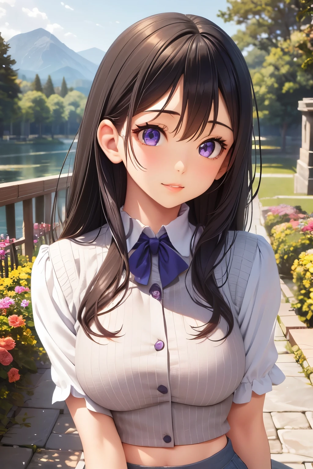 (Absurd, High resolution, Super detailed), masterpiece, Hinata(bolt), ((alone)), One girl,Medium chest, Long purple Victorian dress, Mouth closed, (((Long Hair))),Are standing, Bodice and skirt patterns, Frilled Skirt, race, Blinking blinking effect, (((Detailed lips))), garden, Pink and yellow flowers,  ((Realistic Skin)), Glowing Skin, ((Glossy Red Lips)), Purple eyes, Portraiture, beautiful, smile, (((Dark blue hair))), Bust Crop, Normal skin