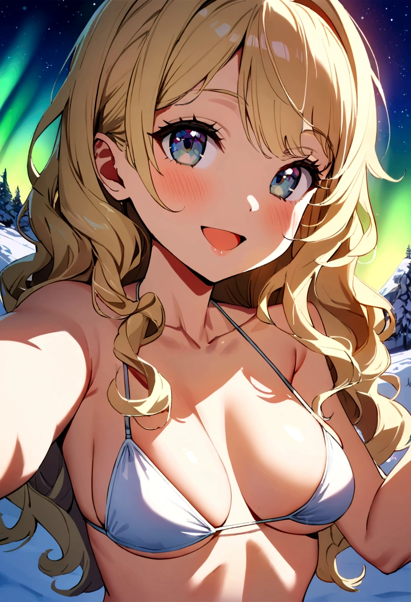 1 ultra hot gorgeous European blonde , age 8, she’s a playmate, men magazine model, blonde wavy hair. ((upper body selfie, happy)) hot, full breasts, wearing bikini, outdoors taking selfie on the side of a stone pyramid in a snow landscape (very detailed, intricate details),cheerful, happy, sexy pose, close-up, cinematic light, side lighting, ultra high resolution, best shadow, RAW, upper body, masterpiece, UHD, northern lights, starry winter night.