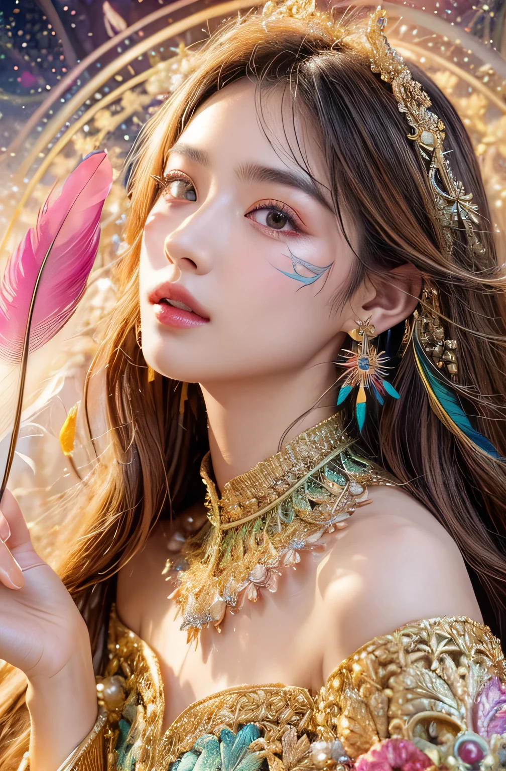 highest quality、highest quality、official art、beautiful beautiful:1.2)、(1 girl:1.3)、small breasts、bare shoulders、golden hair、Color featheretal ornaments、色のflower、particle、Ray Star Piece of Light、highly detailed girl 、(fractal art:1.1)、(colorful:1.1)(flower:1.3)、most detailed、(zentangle:1.2)、(dynamic pose)、(abstract background:1.3)、(shiny skin)、(many colors:1.4 )、(view audience)、(earrings:1.4)、(feather:1.4),
