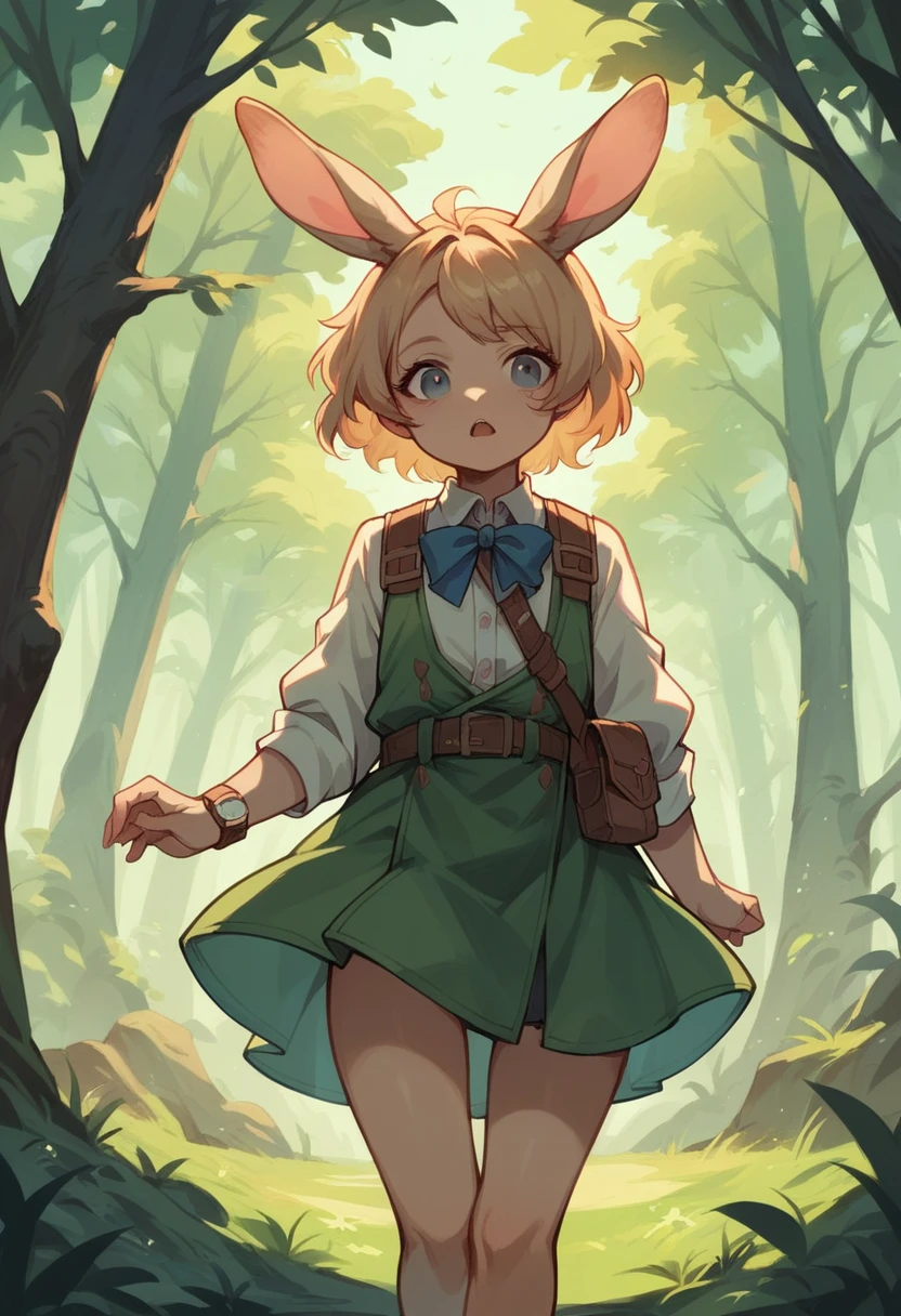 Highest quality Fantasy Young female hunter with a bow watch the bonfire rabbit The background is a night forest