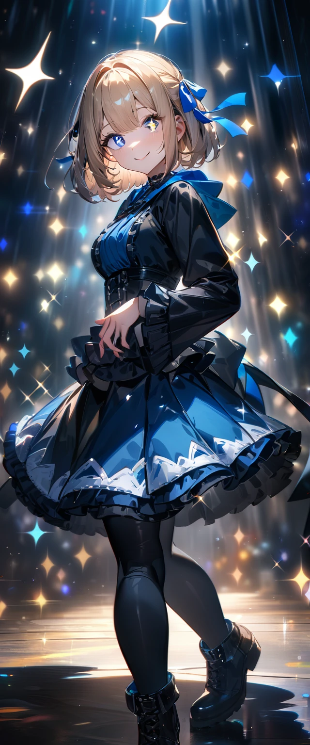 (((One girl))), Shibuya, streat, blond hair, bob cut, (looking at viewer), (((full body))), squatting, breasts, teenager, head tilt:1.3, (((blue eye, sparkle in the eye:2.0))), constricted pupils, (from side:1.3), ((happy smile)), (((gothic lolita:1.3))), short dress, hair ornament, hair ribbon, anime style, (best quality, 4k, 8k, highres, masterpiece:1.2, ultra-detailed, ultra-detailed eyes, HDR, UHD, studio lighting, ultra-fine painting, sharp focus, physically-based rendering, extreme detail description, professional, vivid colors, bokeh)