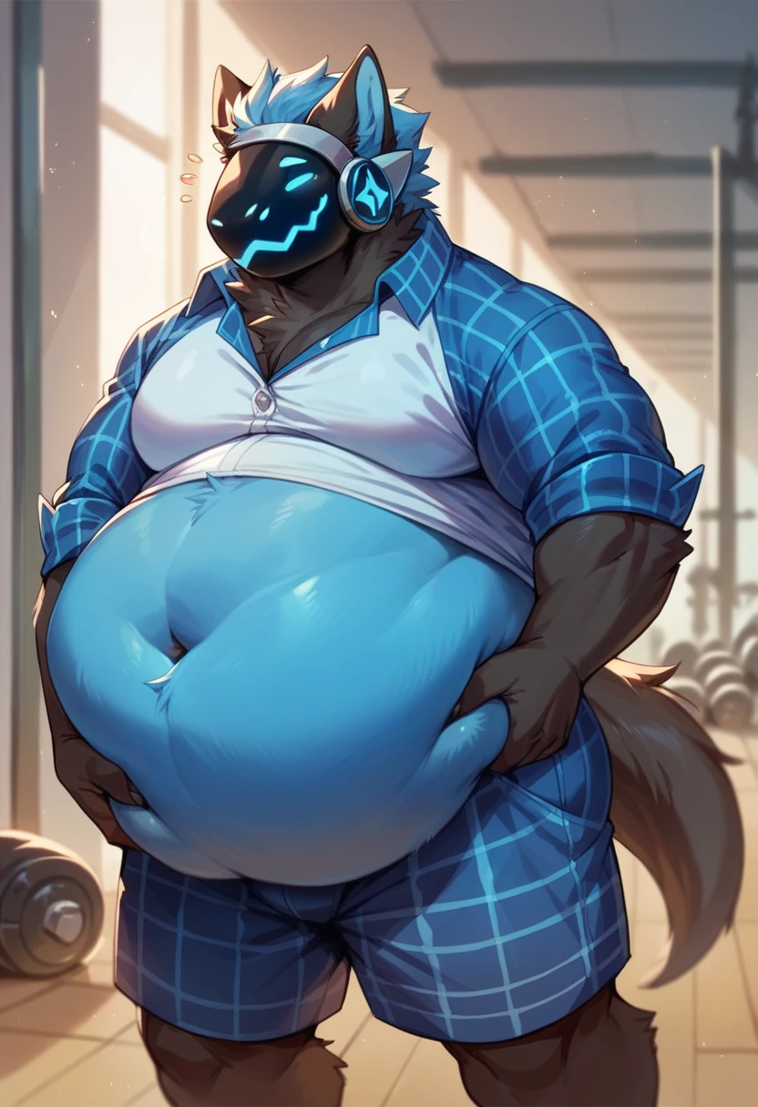 hi res,(protogen), anthro, 4 fingers, bright cyan eyes, male, hyper muscles, hyper muscular male, gigantic massive fat balls ((ultra massive, reaching floor)), gigantic cock, gigantic dick, erect dick in boxers, almost naked (only transparent color underwear), abnormal hyper size detailed dick, transparent underwear, transparent underwear color, visible gigantic size penis, long tail, fluffy tail, black body - white chest, inside, solo, dark room, detailed background, by milkytiger1145, by takemoto arashi, by null-ghost, cold atmosphere, crazed expression