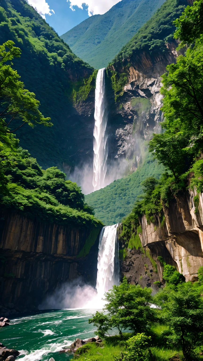 Surrounded by mountains々Surrounded by、A large waterfall flows down between them、Epic Scale、And green。