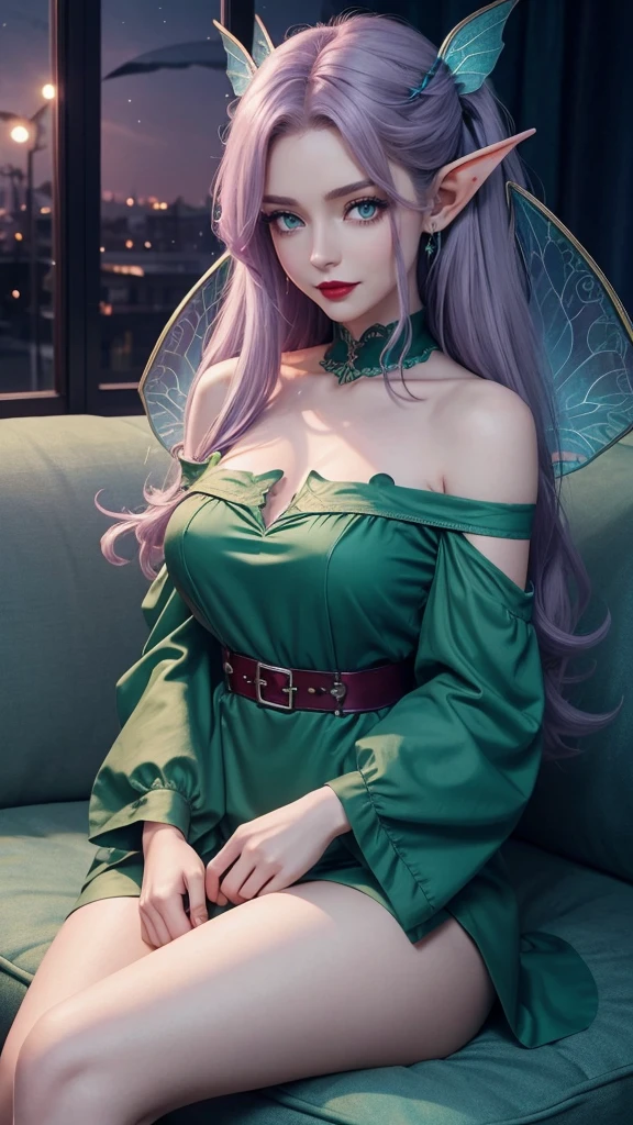 Irish woman, anime, cute, beautiful, high quality, night, 8k, long waist length light pale purple hair, green eyes, red lips, eyelashes, (blue) blouse, blue jeans high neckline, off the shoulder sleeves, crying, large fairy wings, elf ears, sitting on a couch crying, large colorful fairy wings