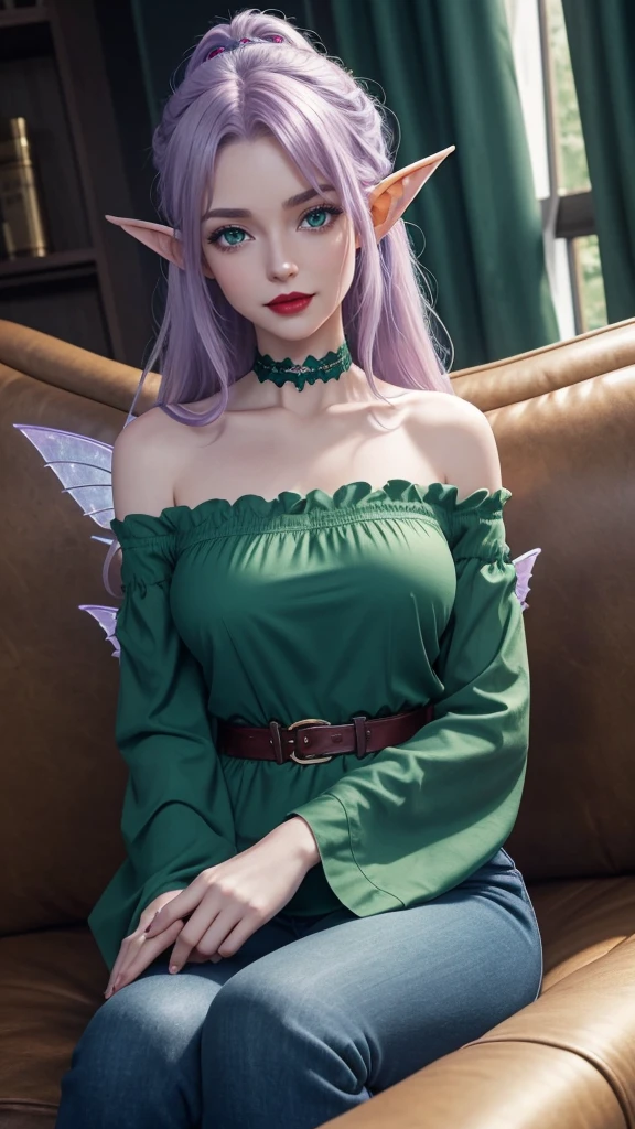 Irish woman, anime, cute, beautiful, high quality, night, 8k, long waist length light pale purple hair, green eyes, red lips, eyelashes, (blue) blouse, blue jeans high neckline, off the shoulder sleeves, crying, large fairy wings, elf ears, sitting on a couch crying, large colorful fairy wings
