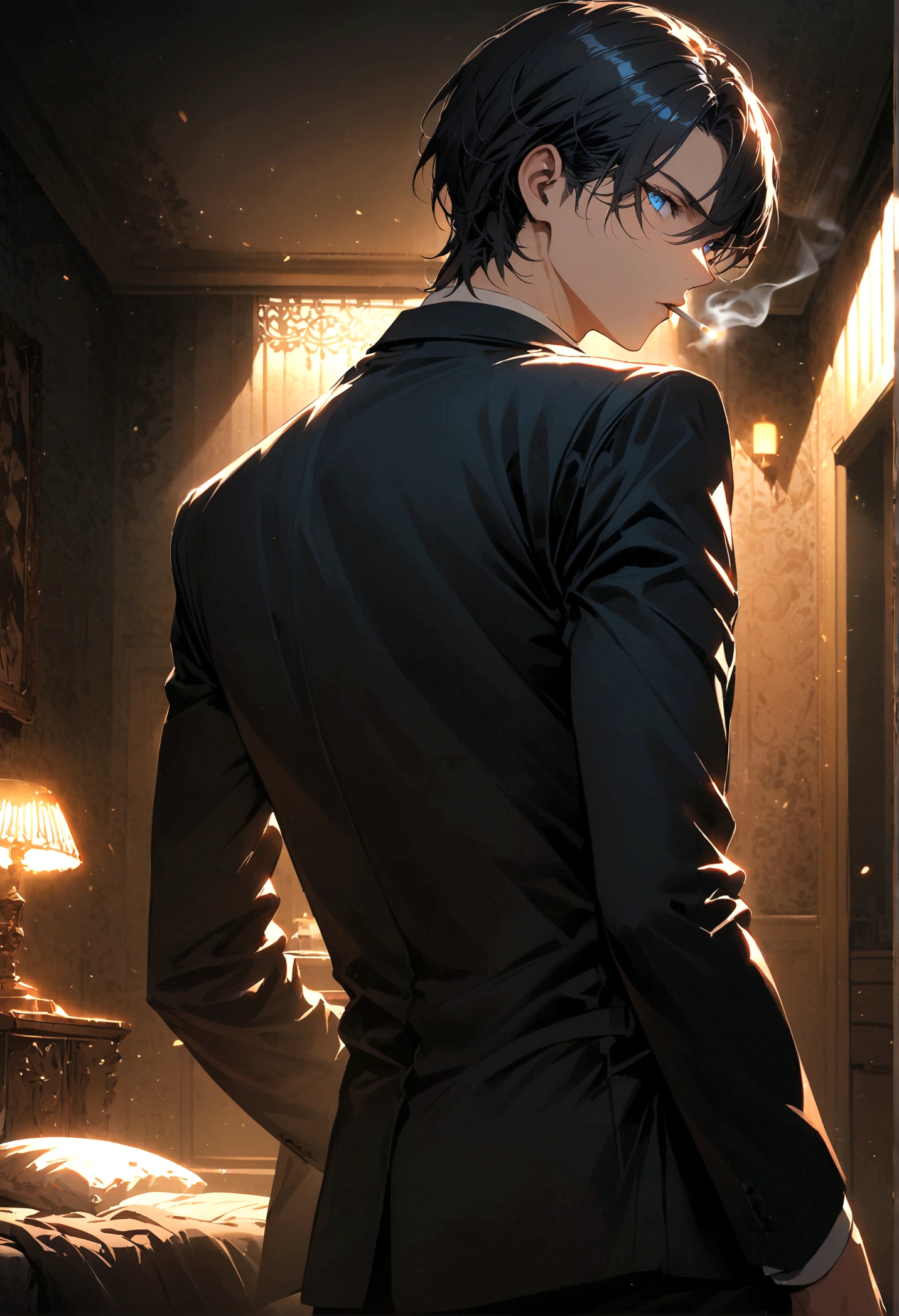 A young man with black hair, blue eyes, a black suit stood with his back turned half-face smoking a cigarette in his room at night.