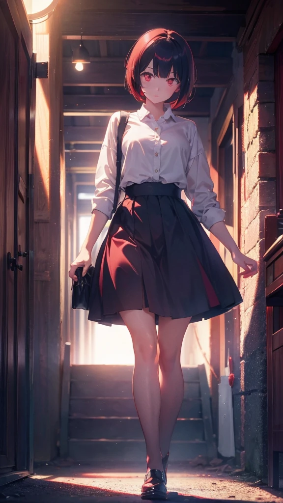 girl with short bob hair,Red eyes ,A shining heaven,Walking in heaven,A distant view