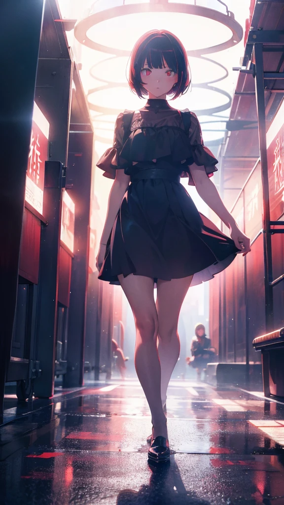 girl with short bob hair,Red eyes ,A shining heaven,Walking in heaven,A distant view