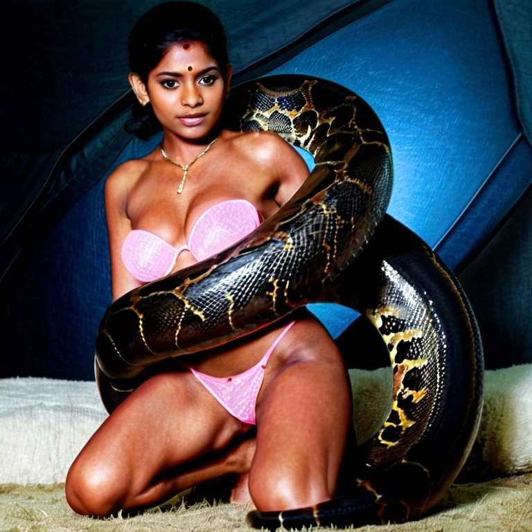 Topless pink panties Happy Horny, aroused 1girl), beautiful kneeling Indian young girl with giant colossal black titanboa squeezing her hard, wrapped in thick spiraling coils, constricted, struggle, gasping for air, snake attack, snake peril, moonless night, dim light