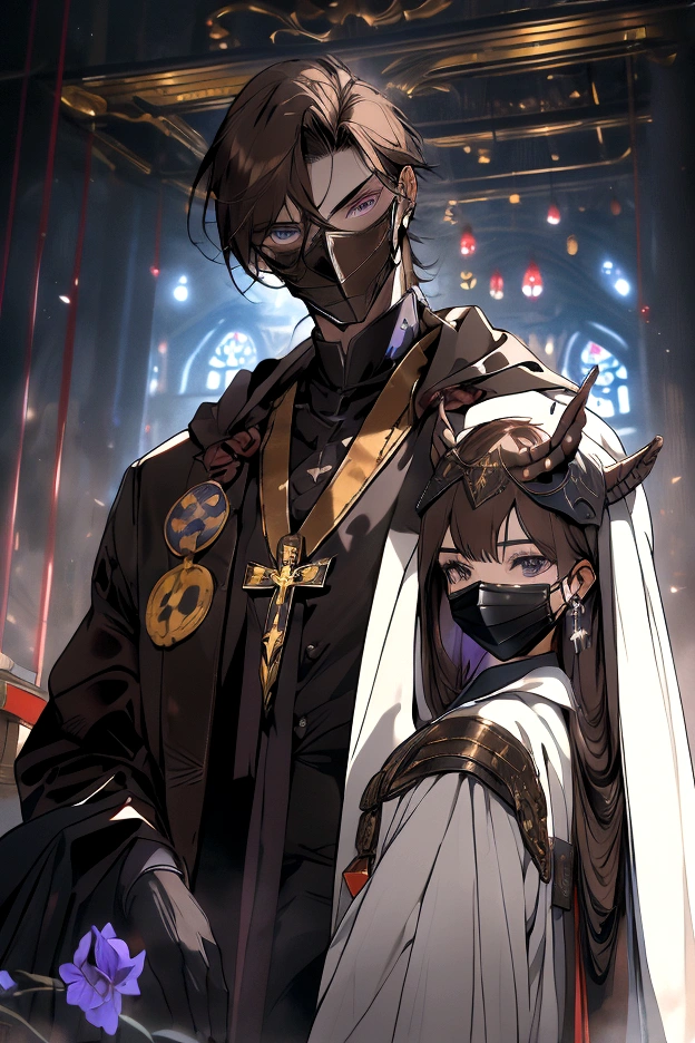 A tall, muscular man, 2.02 meters tall, 26 years old, pale skin, medium brown hair that is parted in the middle and falls above the ear, violet eyes (leather mask, Doberman mask, muzzle, priest's outfit) In a medieval church, magic, mask covering the head,