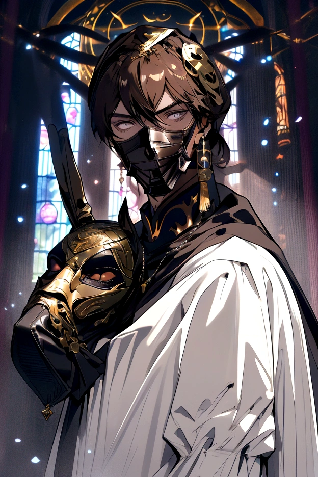 A tall, muscular man, 2.02 meters tall, 26 years old, pale skin, medium brown hair that is parted in the middle and falls above the ear, violet eyes (leather mask, Doberman mask, muzzle, priest's outfit) In a medieval church, magic, mask covering the head,