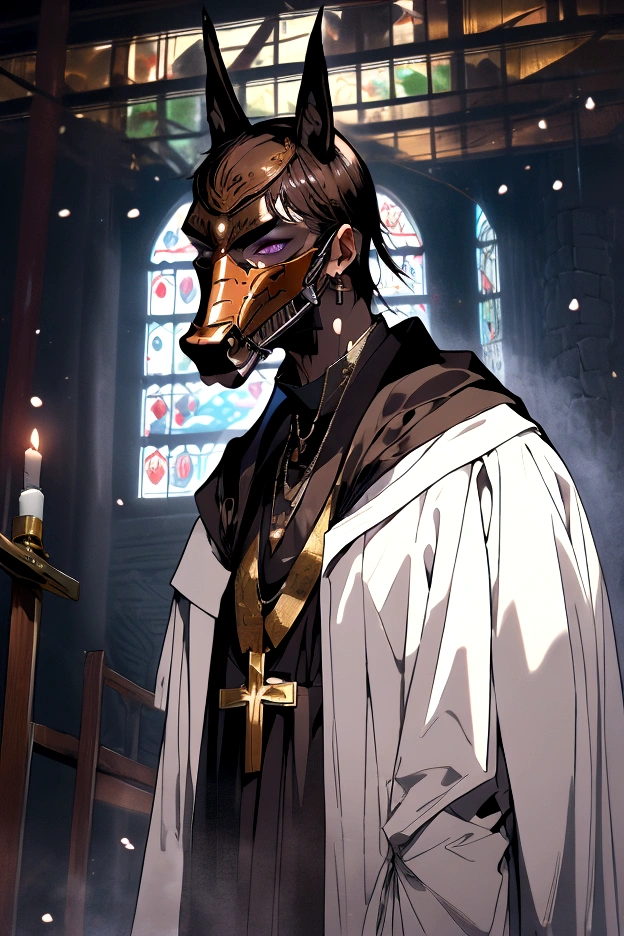 A tall, muscular man, 2.02 meters tall, 26 years old, pale skin, medium brown hair that is parted in the middle and falls above the ear, violet eyes (leather mask, Doberman mask, muzzle, priest's outfit) In a medieval church, magic, mask covering the head,