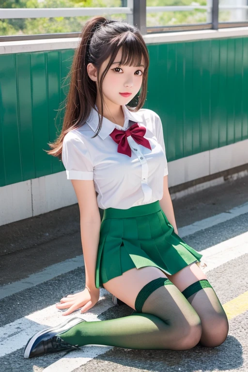 high school girl、Idol、Green mini skirt、stockings、See-through、sit
