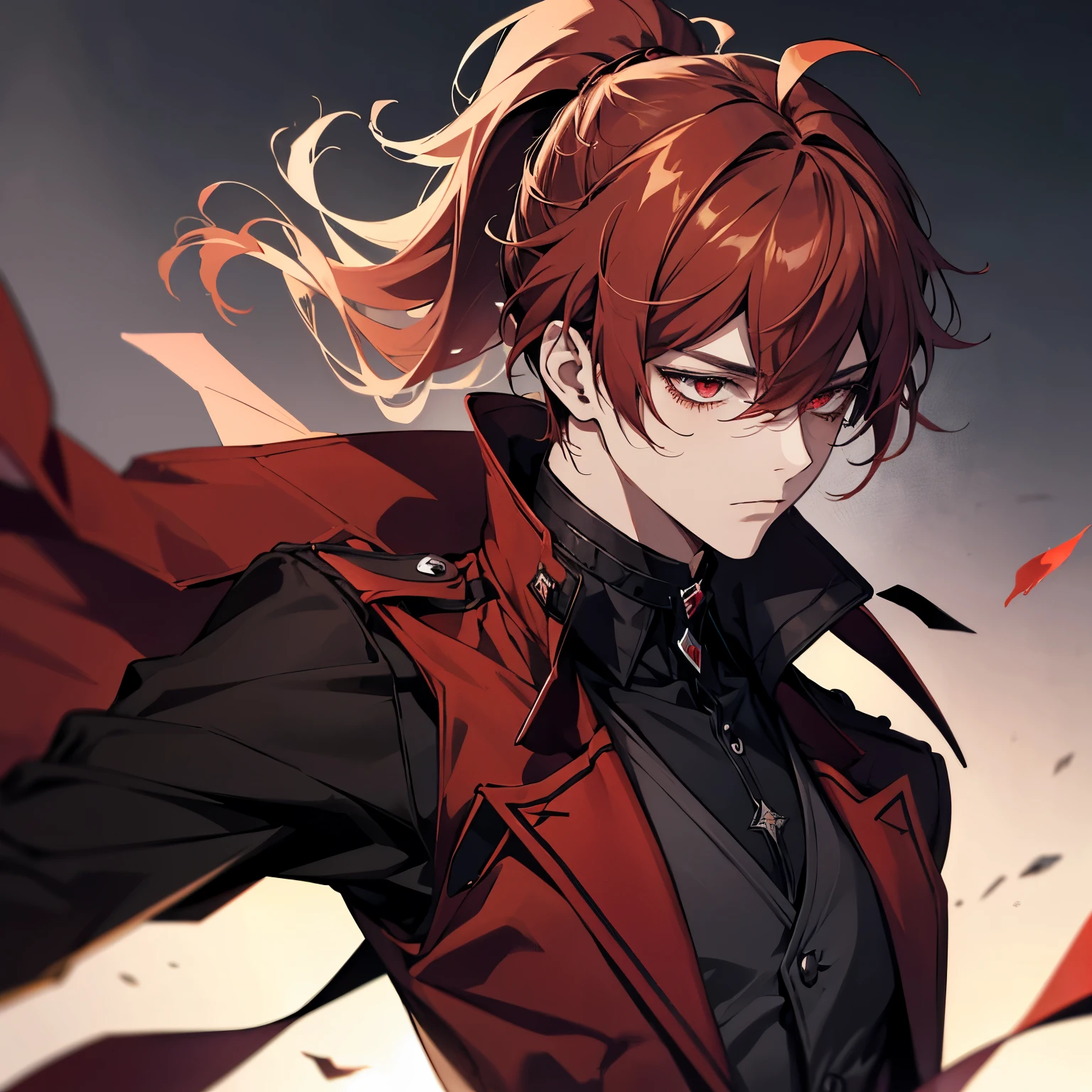 score_9,score_8_up,score_7_up,1boy, bad_id, bad_twitter_id, black_gloves, black_shirt, chain, clenched_hand, closed_mouth, diluc_\(genshin_impact\), diluc_\(red_dead_of_night\)_\(genshin_impact\), fire, floating_clothes, gradient_background, hair_between_eyes, highres, long_hair, male_focus, official_alternate_costume, open_coat, ponytail, profile, red_coat, red_eyes, red_hair, simple_background, solo, upper_body, vest