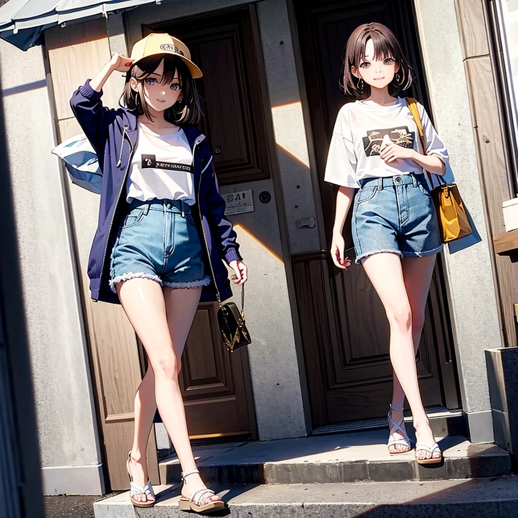 (masterpiece), (high resolution 8K), professional illustration, 1 girl, late teenage, walking, turn around, arched back, wave hand, full body, from front, dutch angle, blue hoody, shorts, short hair, smile, embarrassed, looking at viewer, cityscape in Tokyo, daytime, in summer, natural lighting, stunning face, symmetrical clear eyes, detailed eyes and face