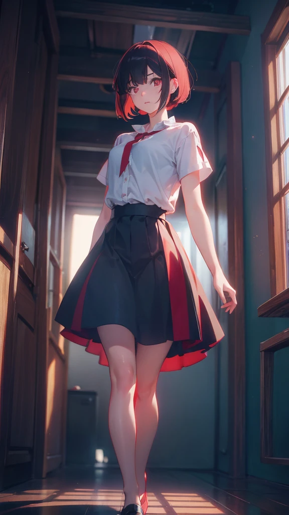 girl with short bob hair,Red eyes ,A shining heaven,Walking in heaven,A distant view
