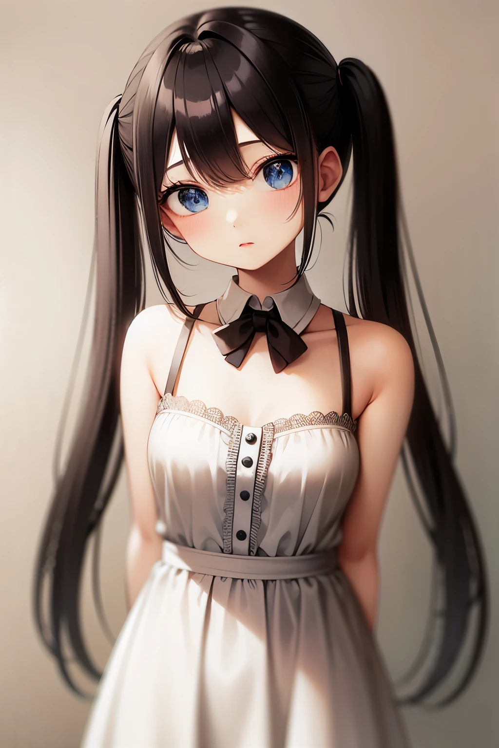 Innocence, Dark green hair, Twin tails, Put your arms behind your back, White Dress, Black waist tie, girl,blue eyes,