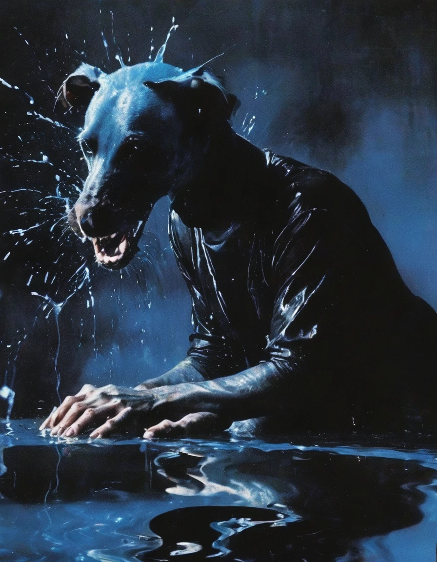 dj playing set in black water, dark blue background