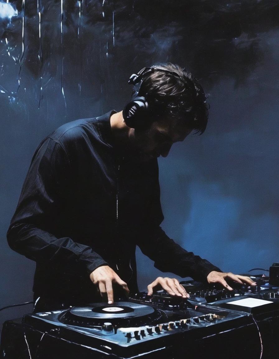 dj playing set in black water, dark blue background