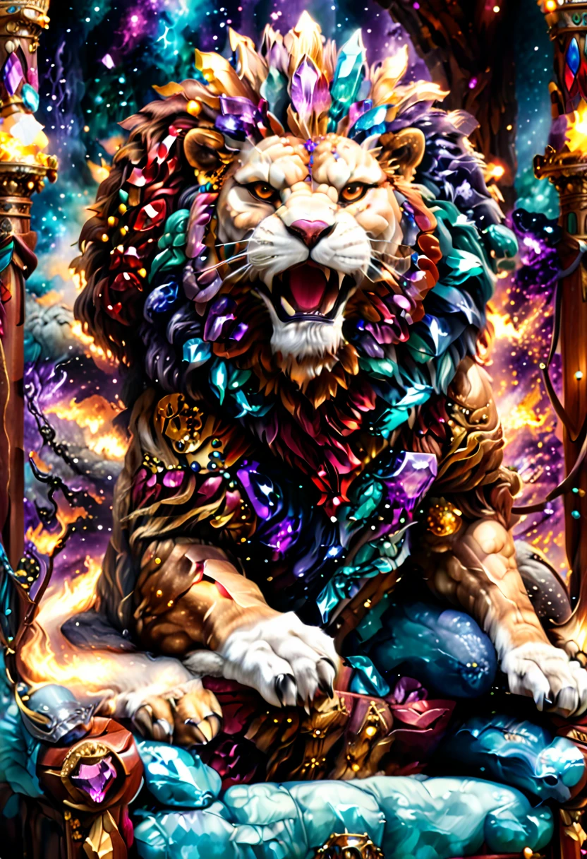 a picture of a massive epic throne, it has purple silk cushions, rubies, topaz, aquamarine gemstones artwork, the throne is epic in its majestic, power, and royalty, symmetric with many wood leonine carvings on the handle, a roaring lion head carving on the top of the seat of the throne, there is and gem artwork, behind the throne there are stars and nebulas of space a sense of high royalty, nobility and magic , (masterpiece: 1.4) intense details, highly detailed, photorealistic, best quality, highres,16k, [ultra detailed], masterpiece, best quality, (extremely detailed), close up, ultra wide shot, photorealistic, RAW, fantasy art, dnd art, fantasy art, realistic art,((best quality)), ((masterpiece)), (detailed: 1.5)