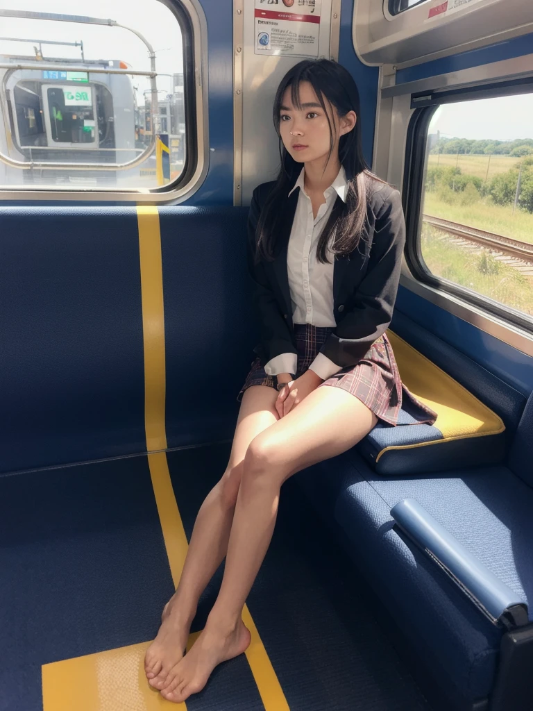 "(masterpiece, High resolution, Ultra High resolution, 4K) Black Hair, 14 year old Japanese girl, Uniform skirt, Accentuate your thighs, White thighs, Soft thighs, Glossy thighs, Sitting on a train, Facing angle, (Angle from below),sitting in a train seat,Sit in front,Zoom camera on crotch,Put your feet on the train floor,whole body,Looking down and sleepy,Watch only viewers", Highest quality, 超High resolution, (Realistic:1.4),, High resolution, detailed, RAW Photos, sharp, Nikon D850 film stock photo by Lee Jefferies 4 Kodak Portra 400 camera F1.6 Lenses、Rich colors、Ultra-realistic and lifelike textures、Dramatic lighting、Unreal Engine、Art Station Trends、Cinestar 800,