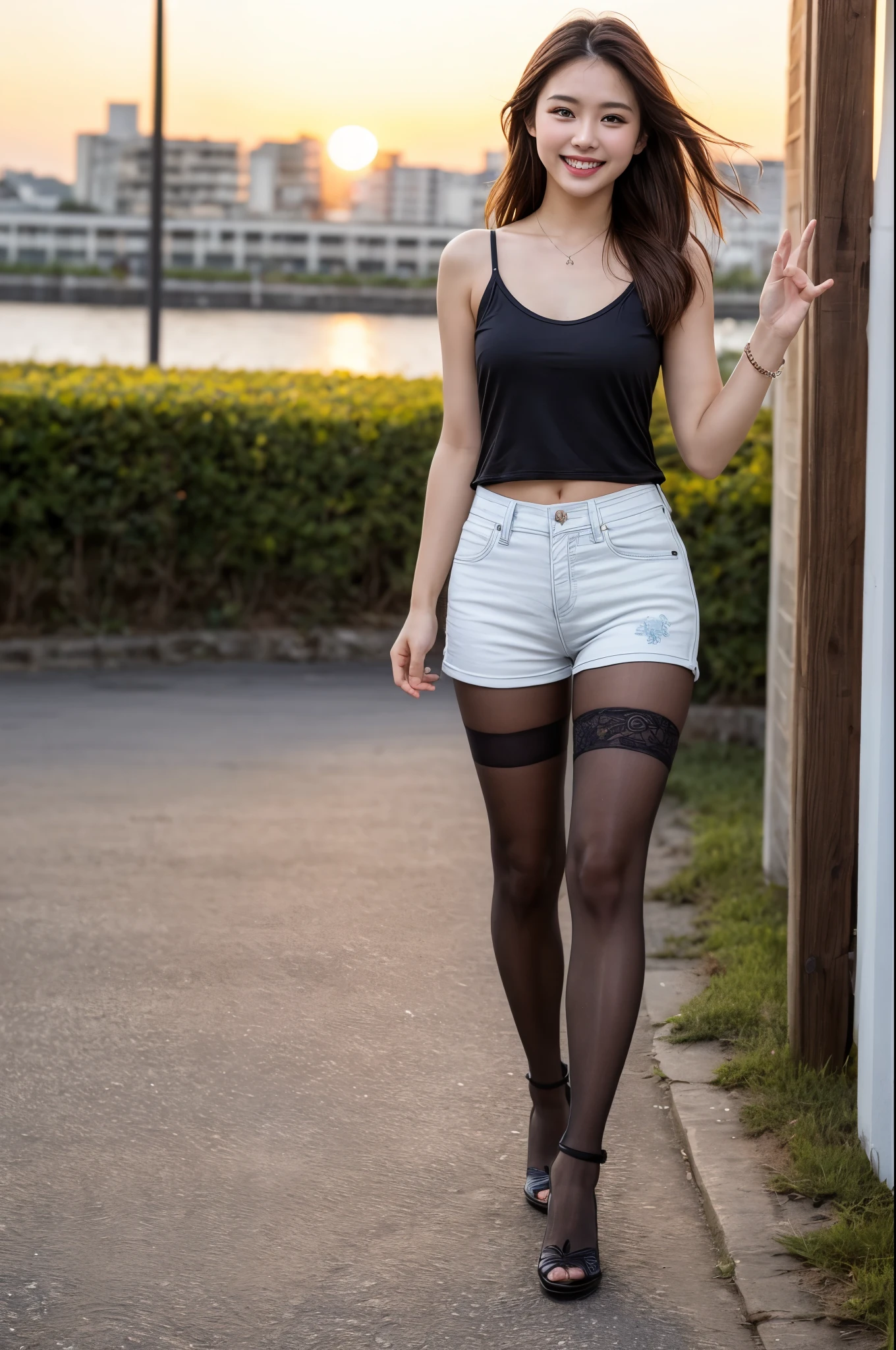 (((masterpiece))), (((Highest quality: 1.4))), ((Very detailed: 1.4)) , ulzzang-6500-v1.1, (RAW Photos:1.2), (Photorealistic), Beautiful detailed girl, (Genuine: 1.4),1 Girl, Photo Model, smile, Focus on the audience, Beautiful lighting, Highest quality, masterpiece, Ultra-high resolution, Realistic, Black Hair, Short tank top, Shorts, Ultra-realistic pantyhose、super Realistic stockings, Medium chest, White skin,( Sunset background:1.4), He walks towards me with a smile, raising one hand and waving it.、Full Body Shot:1.2, Joy、delight、Happiness、