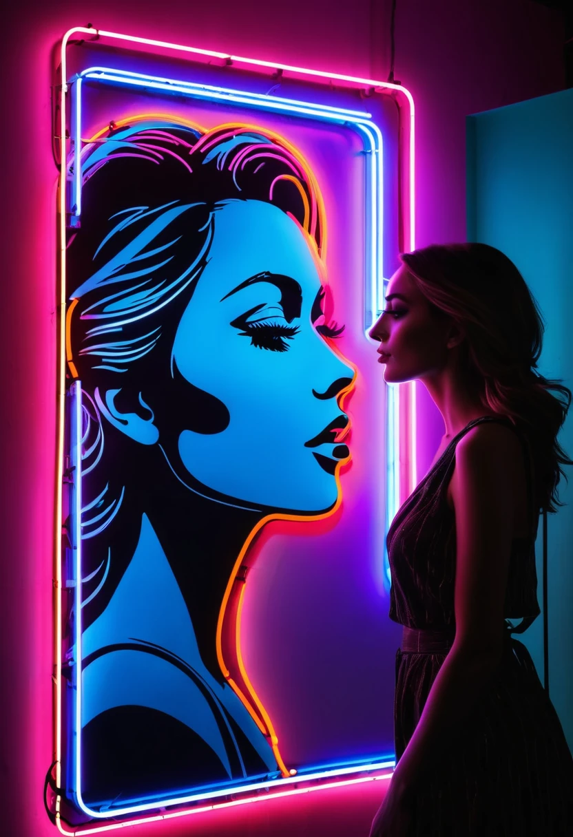 Side face silhouette,Shadow of beautiful woman under neon sign,Huge neon signboard,(Neon sign with text:1.5)