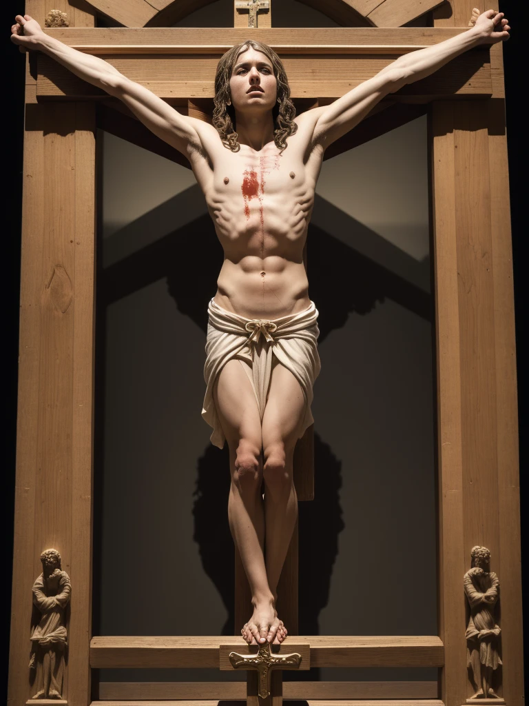 Crucifixion scene, young pretty woman hanging crucified on a freestanding wooden cross, perfect detailed face, beautiful detailed face, even face, skatingJesus art stile, Roman crucifixion, Hands and feet nailed, Blood flows from wounds on hands and feet,  outdoor, ((top quality、8K、​masterpiece:1.3))、keen focus:1.2、( normal breasts:1.2), ​masterpiece, top quality, hightquality, high resolution、RAW portrait、Photorealsitic, hyper detailed photo, Body hanging on the cross, palms facing forward, Feet are nailed 1 meter above the ground to the vertical wooden beam, symmetrical body position, Feet do not touch the ground, roman crucification, perfect hands and feet, parkland, perfect proportions and limbs,