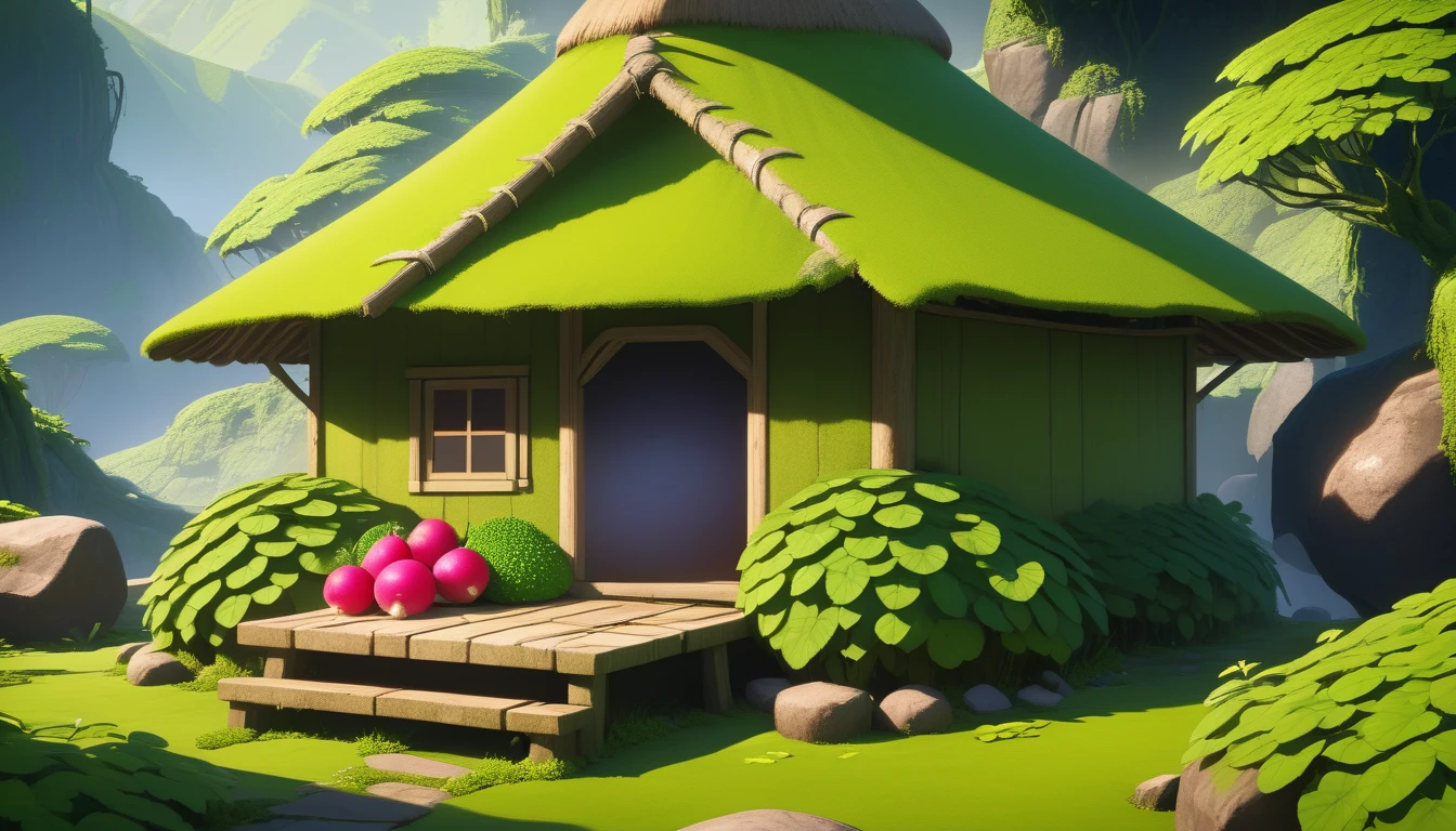 masterpiece, Highest quality, (Very detailed CG Unity 8k 壁紙), (Highest quality), (Best illustrations), (Best Shadow), Mossy round radish hut, Isometric 3D , Octane Rendering, Ray Tracing, Very detailed