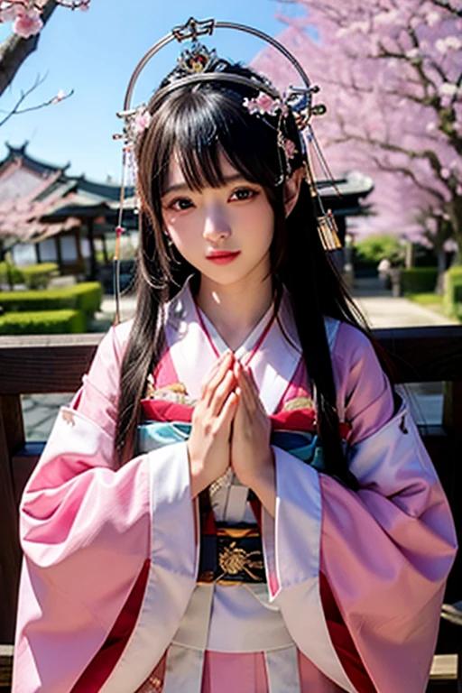 goddess　１２unlined kimono　The color is lustrous　upright　Joining hands in prayer　looking at the camera　Background is cherry blossoms　Front view　　tiara　Upper Body　expansion