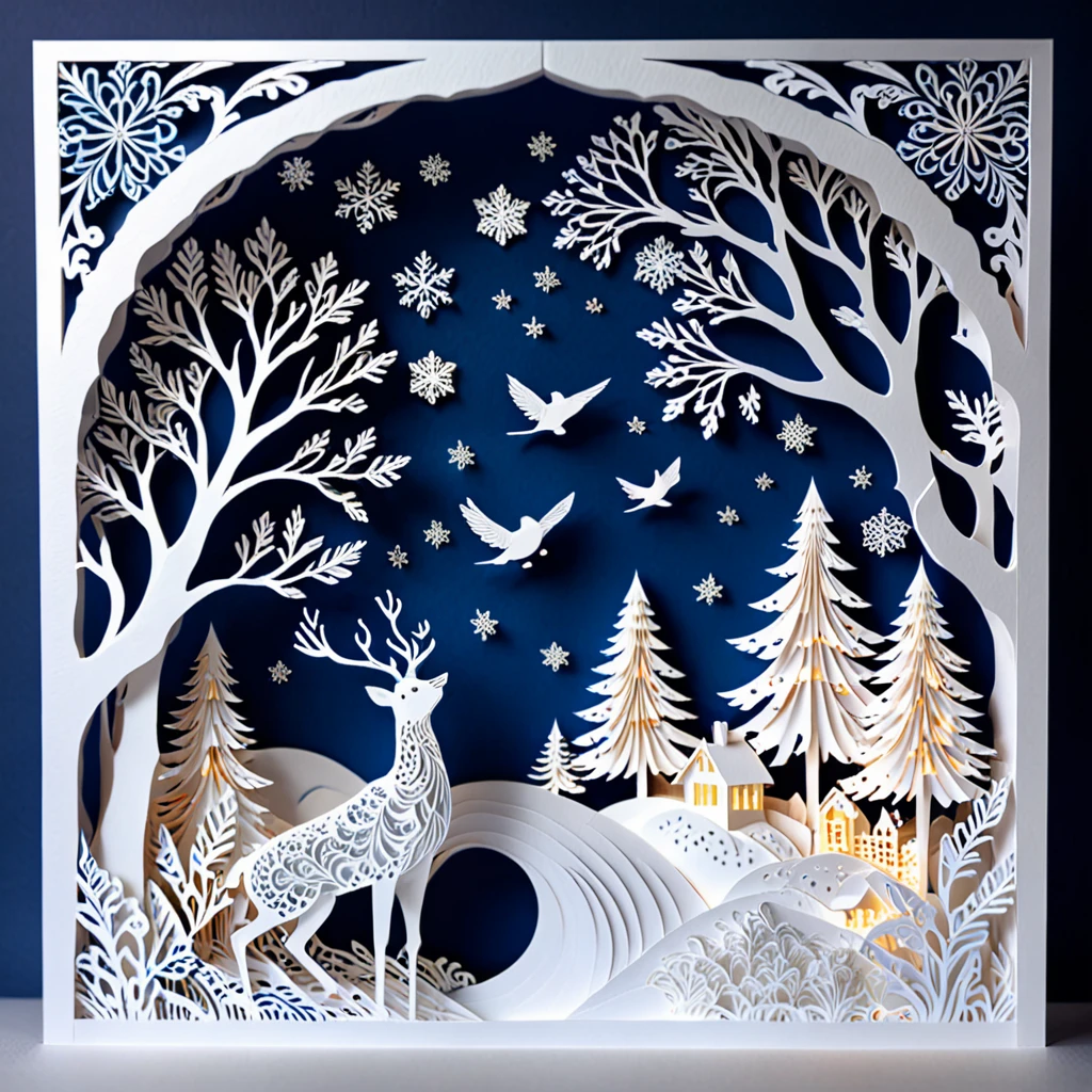 Create detailed paper-cut artwork depicting scenes combining snow and intricate patterns。. The scene has、It must contain delicate snowflakes falling gently, Each flake has a unique and intricate pattern.. In the background、It should incorporate swirls and geometric shapes that complement snowflakes.。, Creating a seamless blend of nature and abstraction. A work of art should evoke a feeling of serenity and beauty., Capturing the serene and complex nature of snow and patterns. The overall atmosphere should be elegant and calm., Highlighting the delicate artistry of winter through detailed designs.