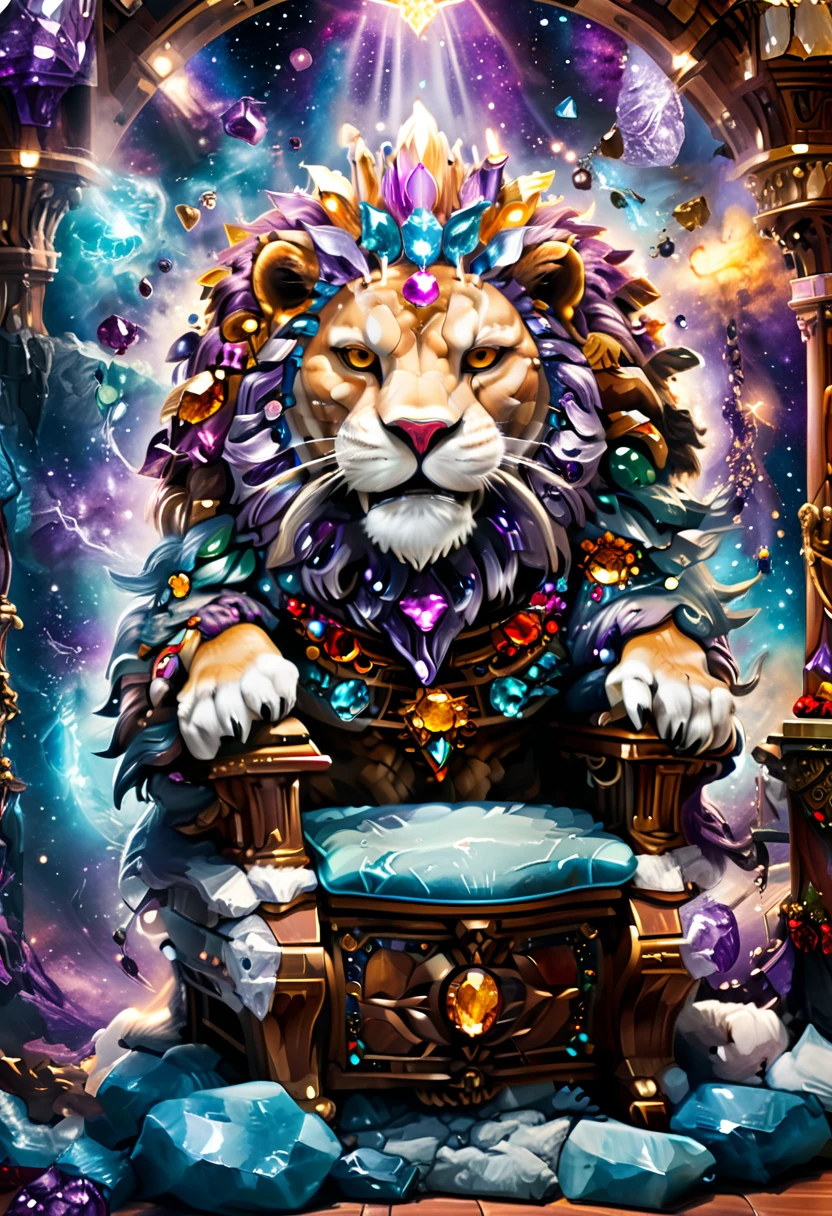 a picture of a massive epic throne, it has purple silk cushions, rubies, topaz, aquamarine gemstones artwork, the throne is epic in its majestic, power, and royalty, symmetric with many wood leonine carvings on the handle, a roaring lion head carving on the top of the seat of the throne, there is and gem artwork, behind the throne there are stars and nebulas of space a sense of high royalty, nobility and magic , (masterpiece: 1.4) intense details, highly detailed, photorealistic, best quality, highres,16k, [ultra detailed], masterpiece, best quality, (extremely detailed), close up, ultra wide shot, photorealistic, RAW, fantasy art, dnd art, fantasy art, realistic art,((best quality)), ((masterpiece)), (detailed: 1.5)