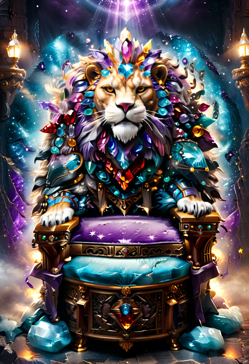 a picture of a massive epic throne, it has purple silk cushions, rubies, topaz, aquamarine gemstones artwork, the throne is epic in its majestic, power, and royalty, symmetric with many wood leonine carvings on the handle, a roaring lion head carving on the top of the seat of the throne, there is and gem artwork, behind the throne there are stars and nebulas of space a sense of high royalty, nobility and magic , (masterpiece: 1.4) intense details, highly detailed, photorealistic, best quality, highres,16k, [ultra detailed], masterpiece, best quality, (extremely detailed), close up, ultra wide shot, photorealistic, RAW, fantasy art, dnd art, fantasy art, realistic art,((best quality)), ((masterpiece)), (detailed: 1.5)