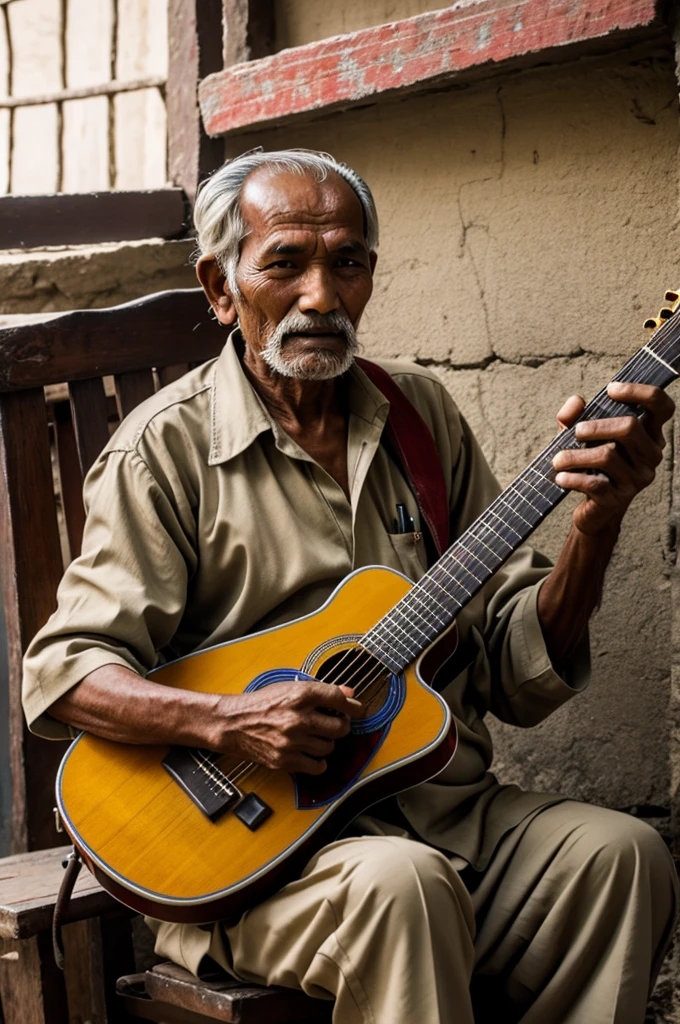 Nepali old man playing guitar