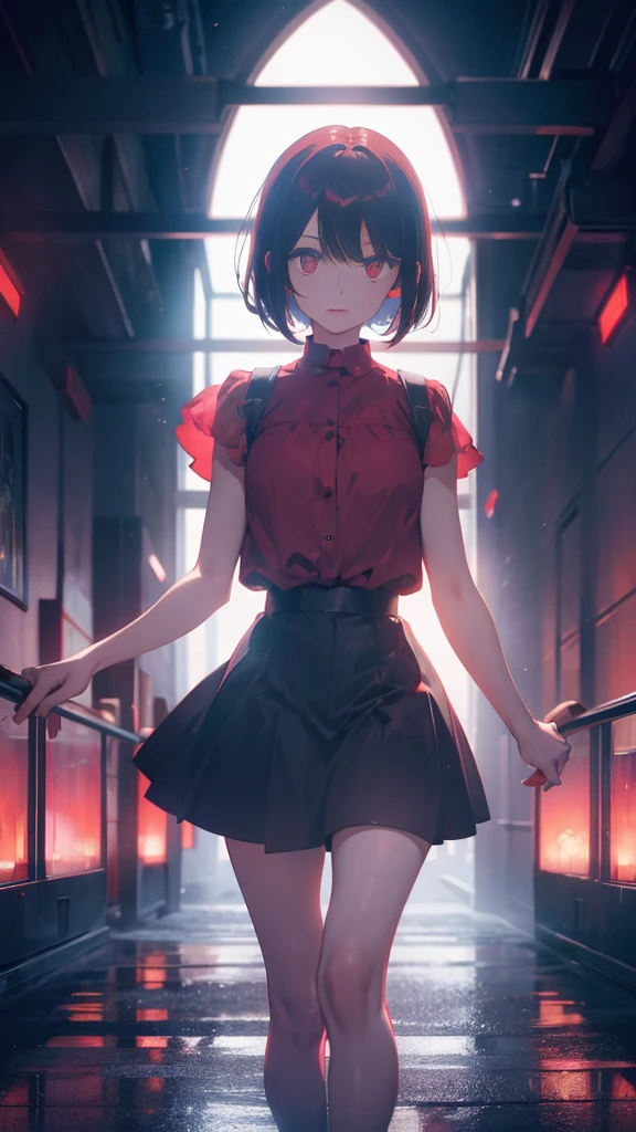 girl with short bob hair,Red eyes ,A shining heaven,Walking in heaven,A distant view