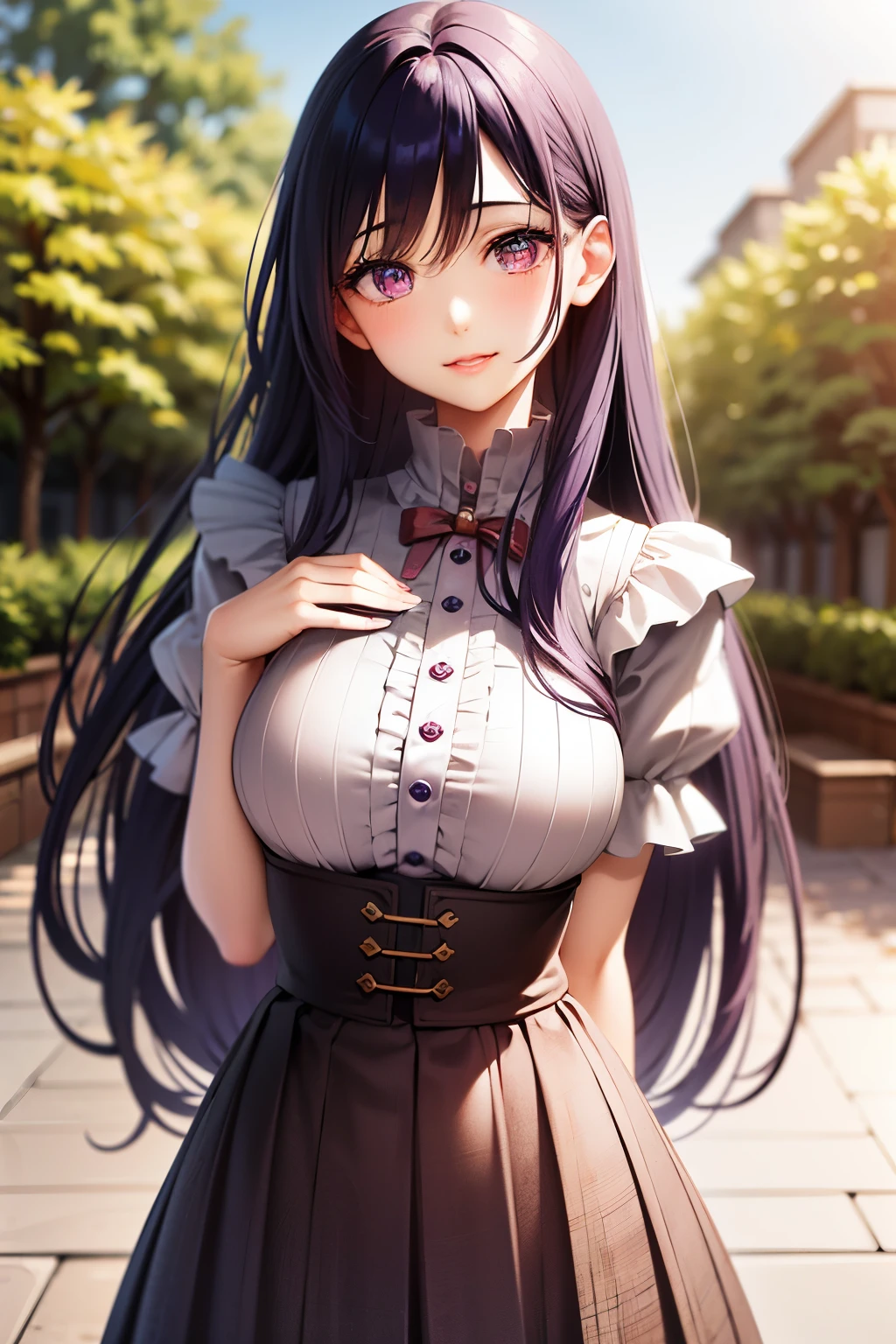 (Absurd, High resolution, Super detailed), masterpiece, Hinata(bolt), ((alone)), One girl,Medium chest, Long purple Victorian dress, Mouth closed, (((Long Hair))),Are standing, Bodice and skirt patterns, Frilled Skirt, race, Blinking blinking effect, (((Detailed lips))), garden, Pink and yellow flowers, ((Realistic Skin)), Glowing Skin, ((Glossy Red Lips)), Purple eyes, Portraiture, beautiful, smile, (((Dark blue hair))), Bust Crop, Normal skin