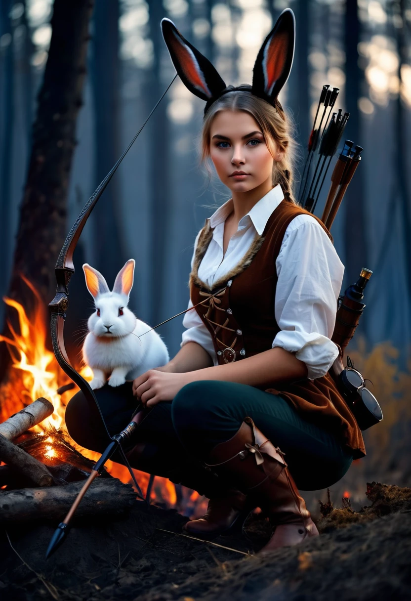 Highest quality Fantasy Young female hunter with a bow watch the bonfire rabbit The background is a night forest