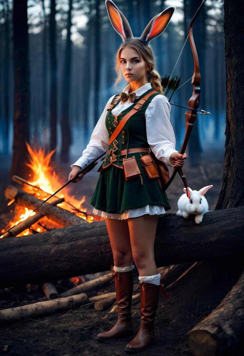 Highest quality　Fantasy　Young female hunter with a bow　watch the bonfire　 rabbit　The background is a night forest