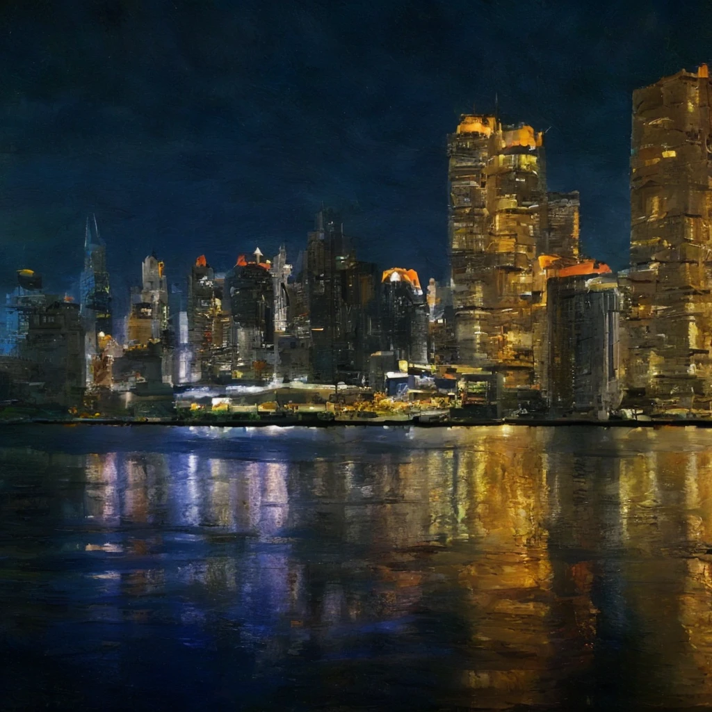 masterpiece, ultra detailed, beautiful, distinct, best aesthetic, super fine illustration, nighttime cityscape, skyscrapers with illuminated windows, waterfront reflection, serene water surface, clear sky with no clouds, urban skyline silhouette against dark sky, #drawing style, Mixed Media, #painting method Impasto, Pointier painting method, pointillism technique, repoussoir low depth of subject matter, Sfumato Blur Technique, Detailing oil pastel art, Impressionism, Van Gogh style, Detailing digital painting.