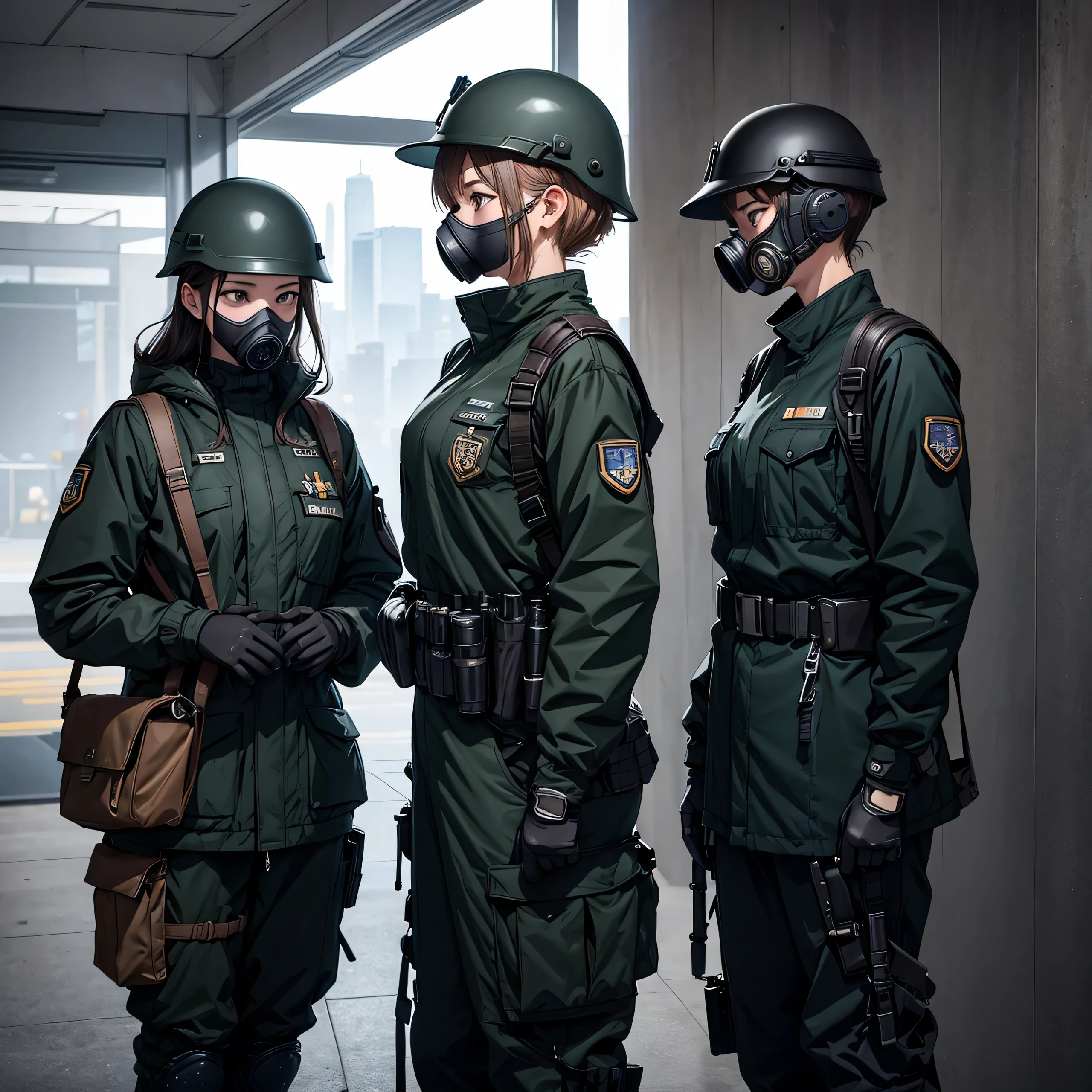 Three female soldiers standing side by side、Wearing all black M-51 jacket uniform、Guard in front of the elevator、Wear a steel helmet、wearing gas masks、masterpiece、best quality、Highly detailed CG、8K picture quality