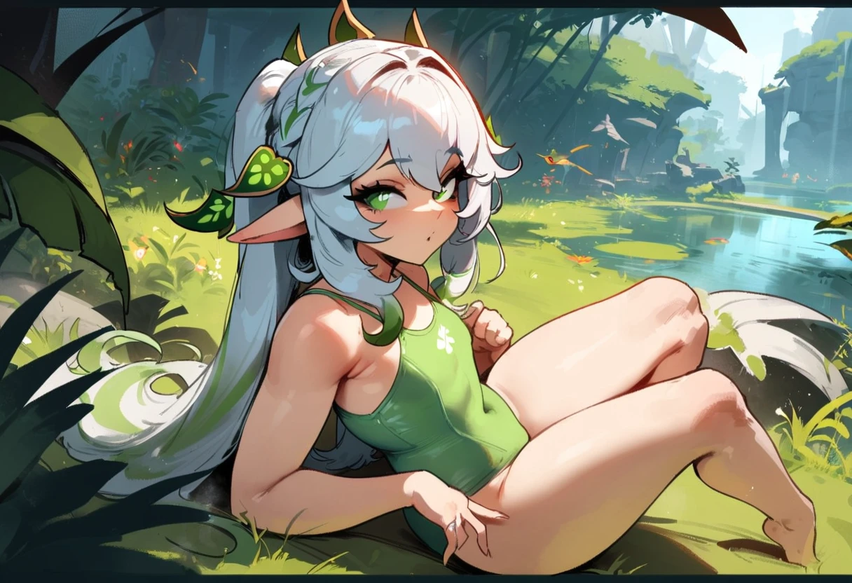 1girl, nahida \(genshin impact\), genshin impact\\\\\ masterpiece, best quality, very aesthetic, absurdres, newest \\\\\\ slim body,///// ,by nyantcha,cutesexyrobutts , by khyle,,////// beautiful face, sexy,  ,  greenery,, jungle,birds etc, looking at viewer, lime one-piece swimsuit,grass,lake