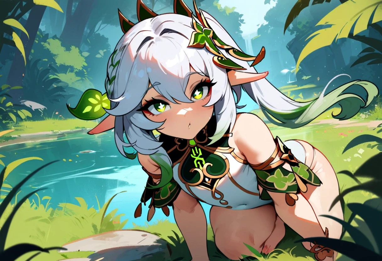 1girl, nahida \(genshin impact\), genshin impact\\\\\ masterpiece, best quality, very aesthetic, absurdres, newest \\\\\\ slim body,///// ,by nyantcha,cutesexyrobutts , by khyle,,////// beautiful face, sexy, , greenery,, jungle,birds etc, looking at viewer, lime one-piece swimsuit,grass,lake