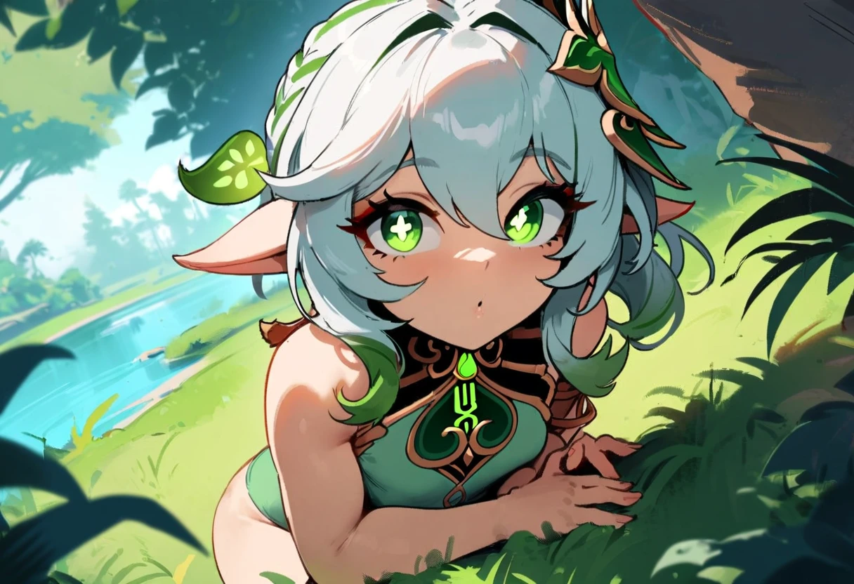 1girl, nahida \(genshin impact\), genshin impact\\\\\ masterpiece, best quality, very aesthetic, absurdres, newest \\\\\\ slim body,///// ,by nyantcha,cutesexyrobutts , by khyle,,////// beautiful face, sexy, , greenery,, jungle,birds etc, looking at viewer, lime one-piece swimsuit,grass,lake