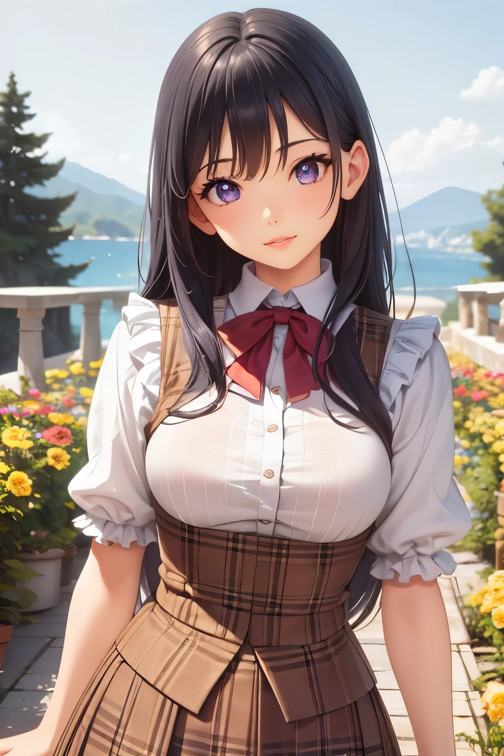 (Absurd, High resolution, Super detailed), masterpiece, Hinata(bolt), ((alone)), One girl,Medium chest, Long purple Victorian dress, Mouth closed, (((Long Hair))),Are standing, Bodice and skirt patterns, Frilled Skirt, race, Blinking blinking effect, (((Detailed lips))), garden, Pink and yellow flowers,  ((Realistic Skin)), Glowing Skin, ((Glossy Red Lips)), Purple eyes, Portraiture, beautiful, smile, (((Dark blue hair))), Bust Crop, Normal skin