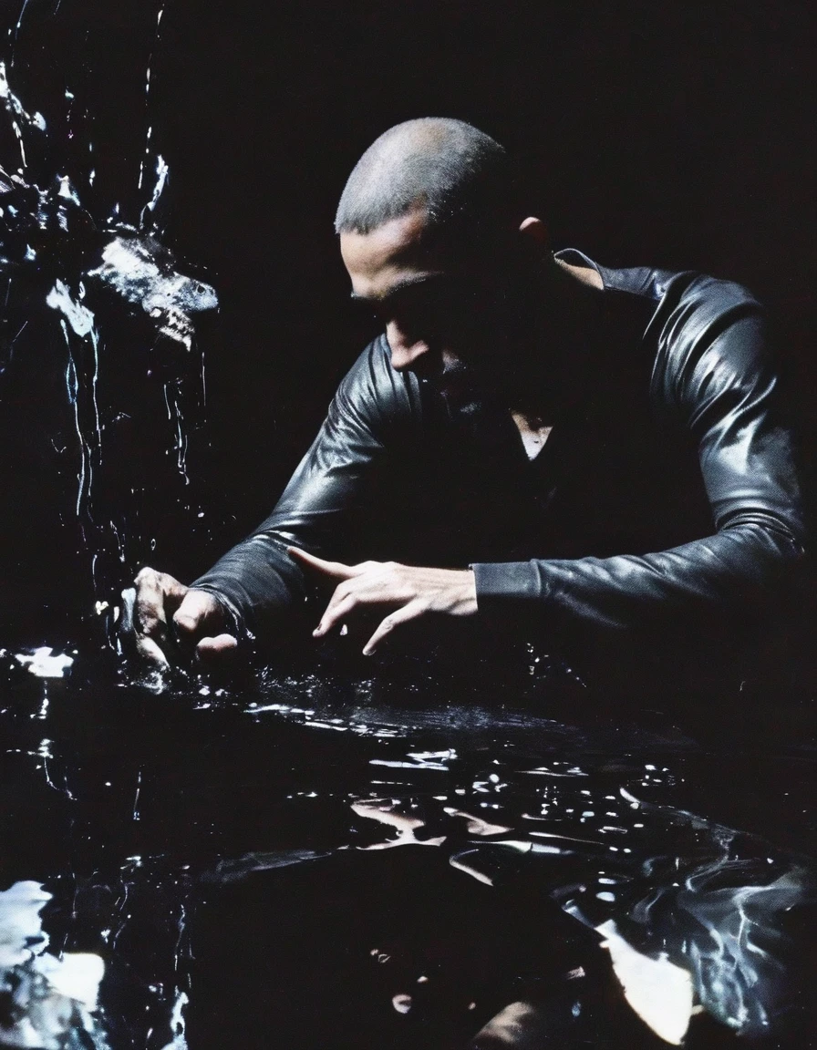 dj playing set in black water, dark grey background