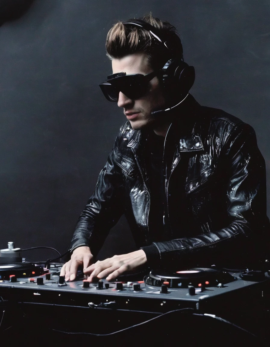 dj playing set in black water, dark grey background
