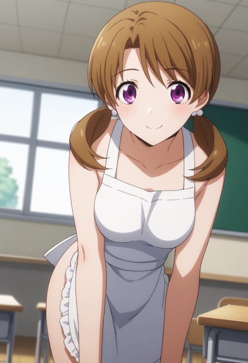 score_9, score_8_up, score_7_up, source_anime,
honoka mitsui, 1 girl,
bangs, brown hair, twintails, low twintails, purple eyes,
solo, bent over, smile,
dutch angle, looking at viewer, cowboy shot,
indoors, classroom, apron on naked body,
