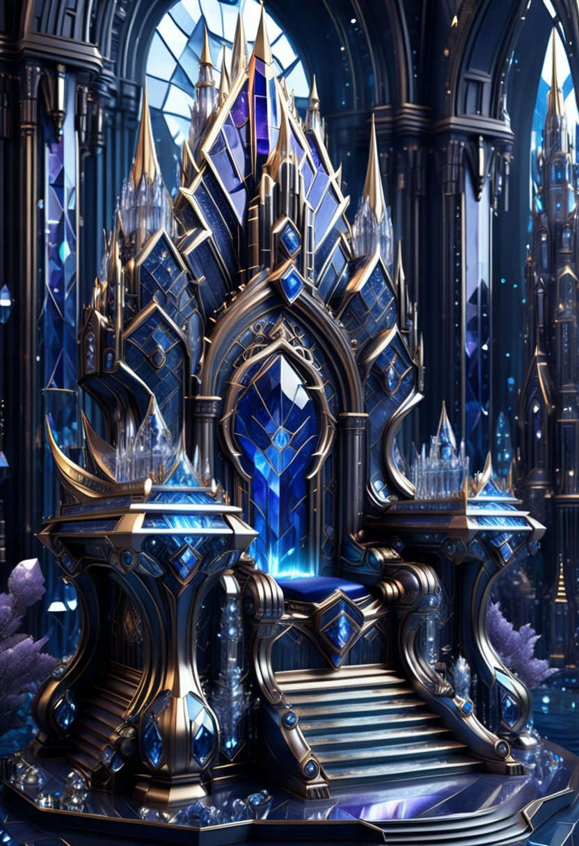 The crystal castle in the future city is a fantasy shining luxury building. There is a towering majestic sapphire crystal right throne. Wide angle. Perfect beyond imagination. Luxurious throne. Complex and detailed. Great art masterpiece. Fantastic fantasy world. Optical realistic style. Ultra-detailed digital art. Realistic. masterpiece (best quality)