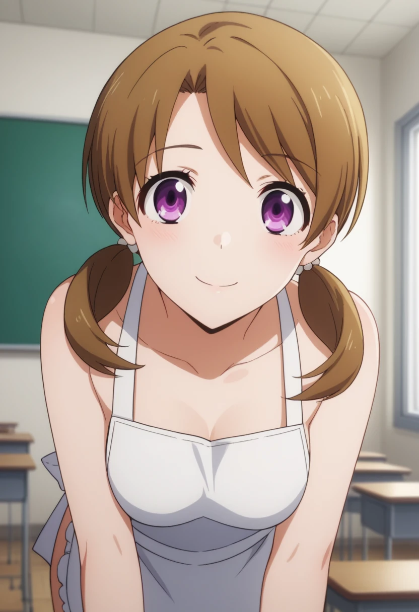 score_9, score_8_up, score_7_up, source_anime,
honoka mitsui, 1 girl, 
bangs, brown hair, twintails, low twintails, purple eyes, 

solo, bent over, smile, 
dutch angle, looking at viewer, cowboy shot, 
indoors, classroom, apron on naked body, 