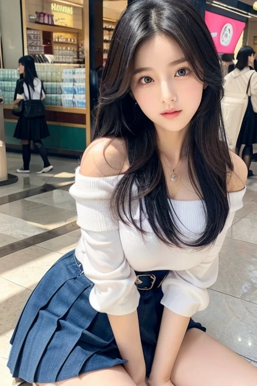 Korean Girl、Big boobs、Thighs are beautiful、Off the shoulder、Wearing a mall waist、Looking straight ahead、sitting with legs slightly apart、Long Hair、Black Hair、Beautiful skin、Beautiful eyes、Emphasizing the breasts、She's not wearing underwear so her genitals are visible、high resolution、Low angle photo